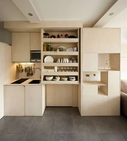 небольшая модульная квартира на пляже с нестандартной мебелью, такой как эта модульная кухня с выдвижной полкой