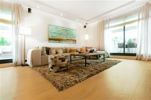 гостиная с бежевым диваном и ворсистым ковром