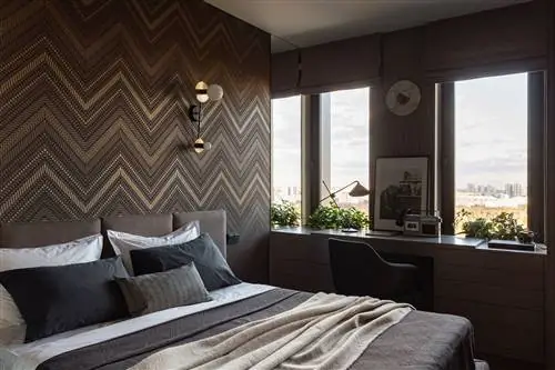 современная спальня с зигзагообразными обоями