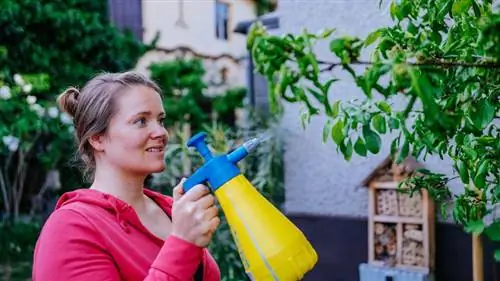 Женщина опрыскивает свой сад биоцидом.
