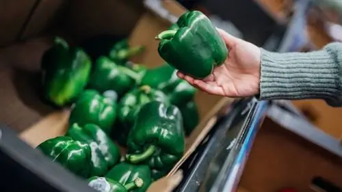 Женская рука держит зеленый перец в продуктовом магазине.