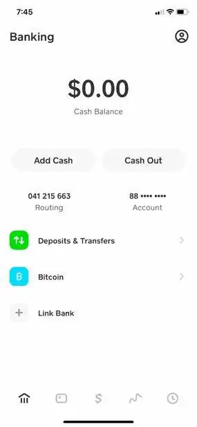 Главный банковский экран в Cash App