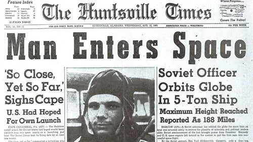 Huntsville Times, заголовок газеты «Первый человек в космосе»