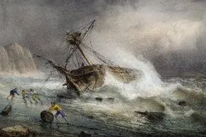 Литография корабля, опрокидывающегося в море во время шторма.