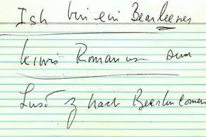 Речевая карточка Ich bin ein Berliner, написанная президентом Кеннеди для его выступления в мэрии Берлина.