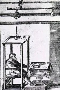 Иллюстрация 17-го века, изображающая Санторио в его знаменитом устройстве для взвешивания. Иллюстрация 17-го века, изображающая Санторио в его знаменитом устройстве для взвешивания.