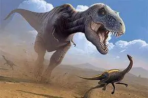 Динозавр Tyrannosaurus rex охотится на динозавра Ornithomimus