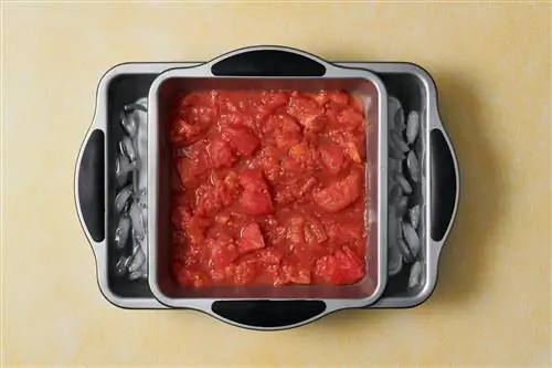 измельченные помидоры в лотке со льдом