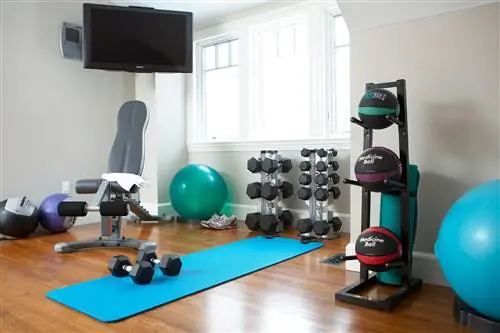 Яркий домашний спортзал с синими акцентами, гирями и телевизором в углу