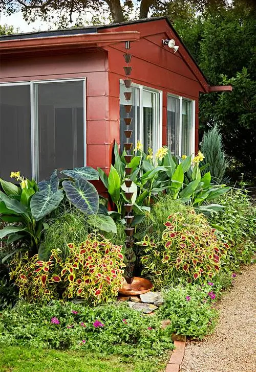 комбинезон дождевого сада с медной чашей, каннами, папирусом, вербеной, колеусом