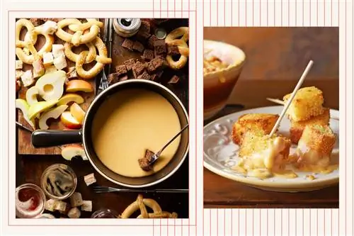 Слева: паста для сырного фондю; справа: нарезанный кубиками кукурузный хлеб в фондю