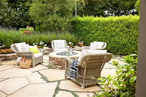 плетеная мебель вокруг каменного костра