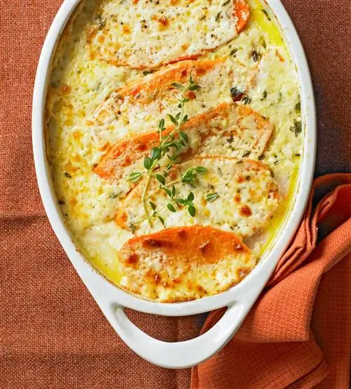 Сладкий картофель с гребешком, сыром Фонтина и тимьяном