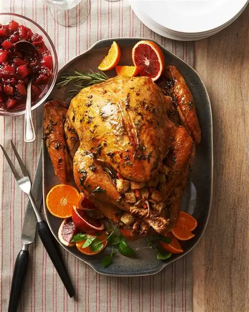 жареная индейка на блюде с апельсинами и миской клюквенного соуса