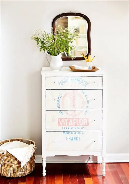 Цветочный горшок и поднос на комоде у стены с зеркалом