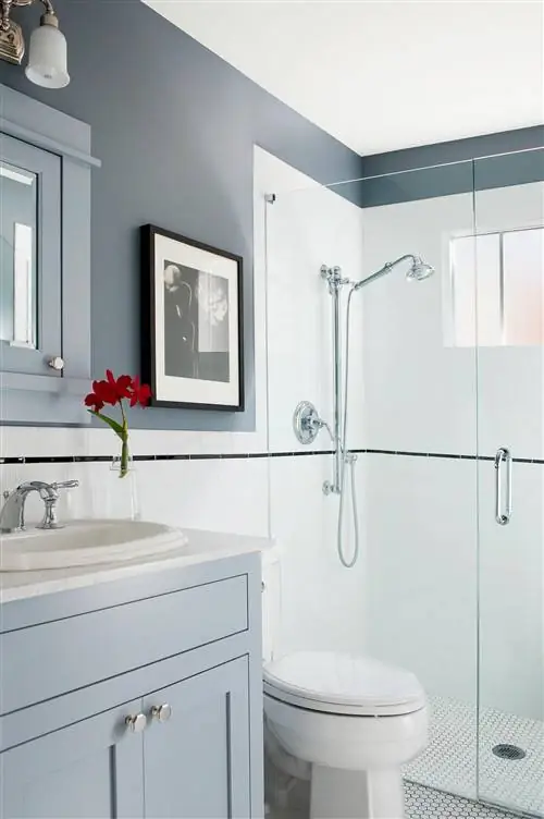 серо-голубая ванная комната с красными цветами