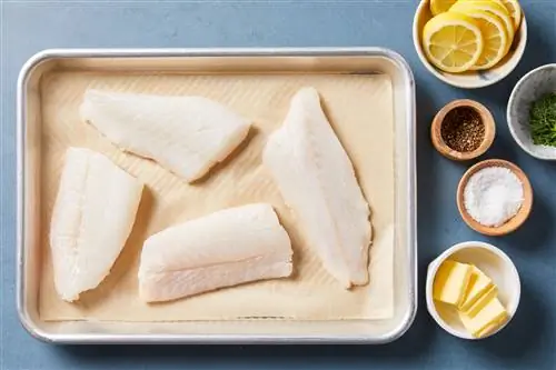 белая рыба на сковороде с лимоном, маслом и приправами
