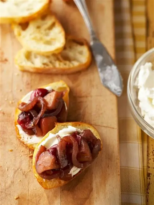 Тосты с карамелизированным луком и клюквой и сыром