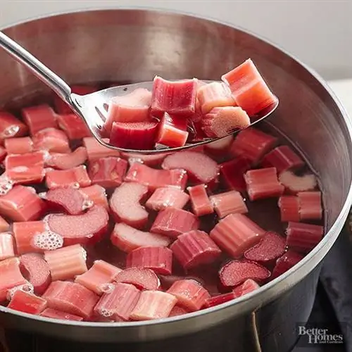 Ревень вынимают из кастрюли