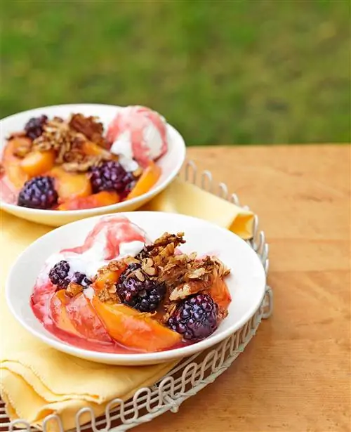 два блюда Stovetop Peach-Blackberry Crisp два блюда Stovetop Peach-Blackberry Crisp