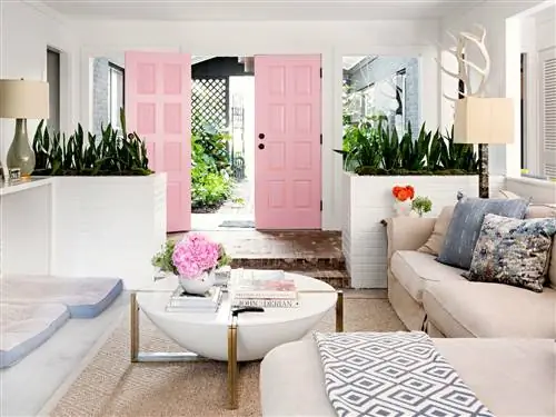 мебель для гостиной с розовыми входными дверями