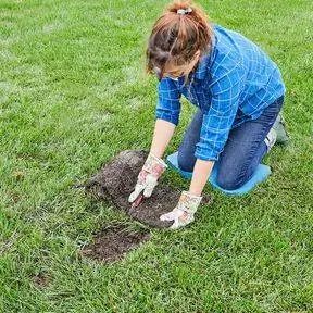 отрежьте кусок дерна лезвием, чтобы он подходил для участка