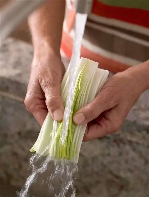 промывание половинок лука-порея проточной водой