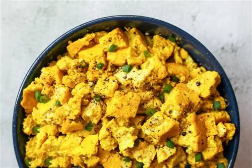 миска яичницы с тофу, покрытой зеленым луком