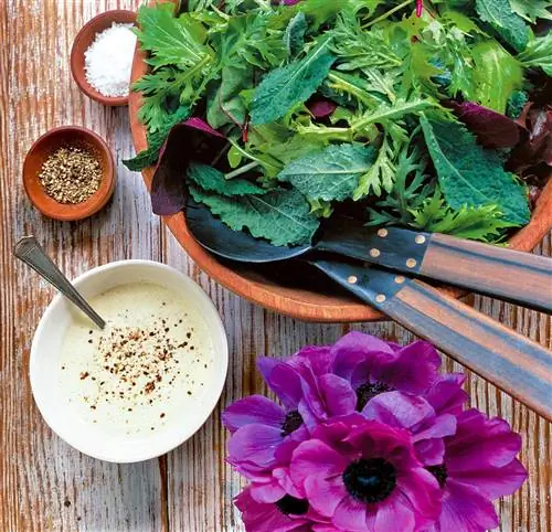 Микс зелени с дрессингом из кардамона и карри