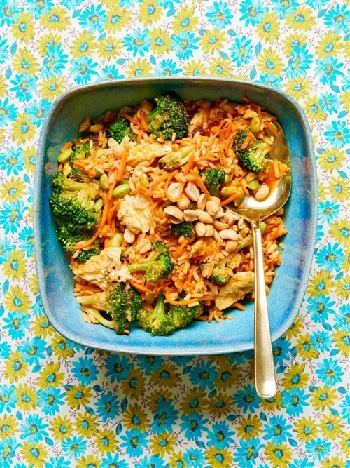 Овощной жареный рис с красным ореховым соусом карри