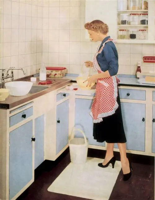 Женщина готовит на кухне с меламиновыми мисками, 1955 год. Женщина готовит на кухне с меламиновыми мисками, 1955 год.