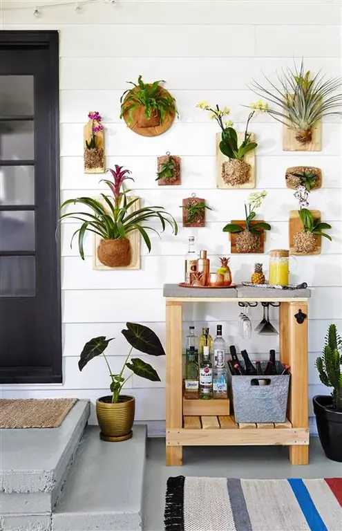 Cedar Bar Cart на открытой веранде с различными растениями