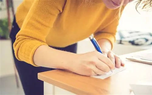 женщина стоит за столом и пишет письмо