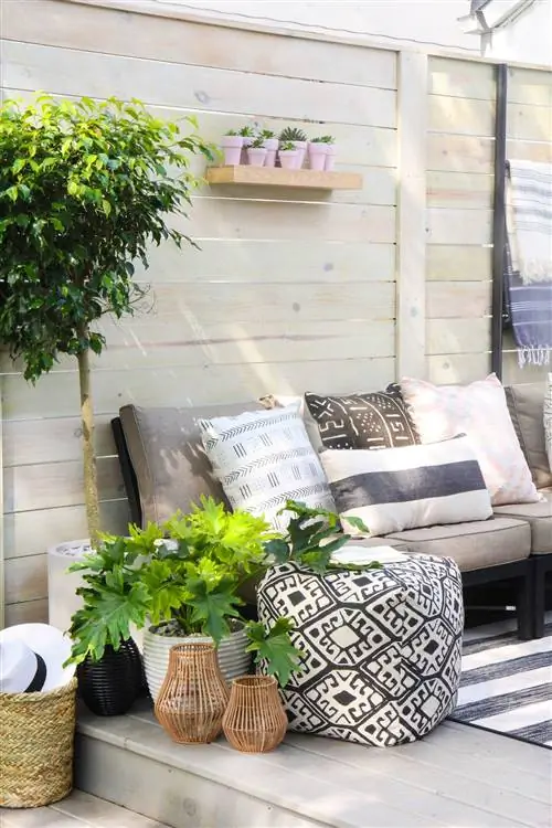 зона отдыха на заднем дворе с полкой для растений