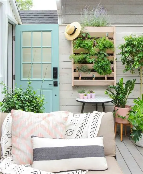 обеденная зона на веранде с подвесными растениями