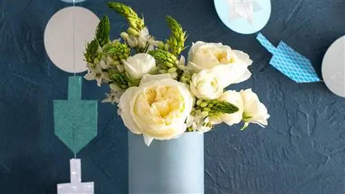 синий декор хануки с белым цветком и свечой