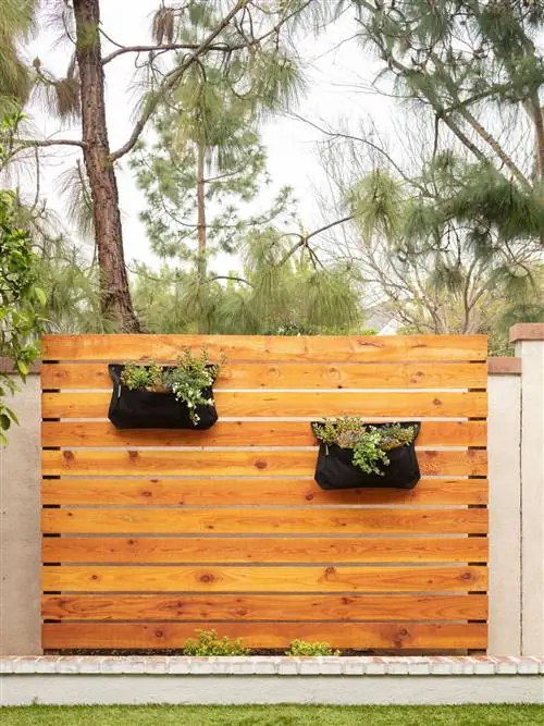 современная наружная деревянная акцентная стена с черными карманами для растений