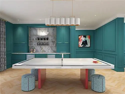 семейная медиа-комната с бирюзовыми стенами