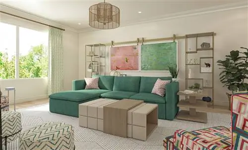 гостиная с зеленым диваном