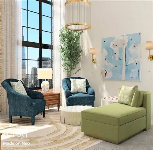 зона отдыха с зеленым шезлонгом и большими окнами