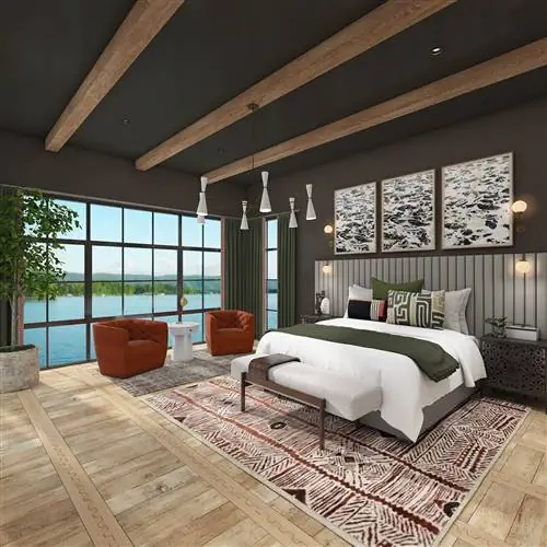 спальня с темно-серыми стенами