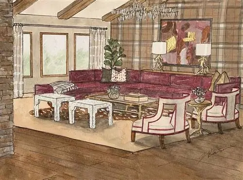 рисунок гостиной в коричнево-бордовой цветовой гамме