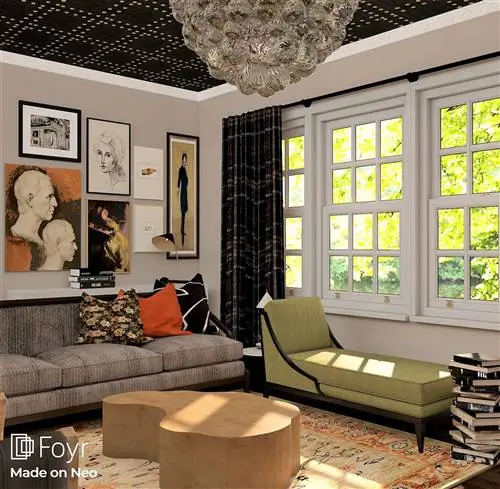 гостиная с большой люстрой и черным потолком