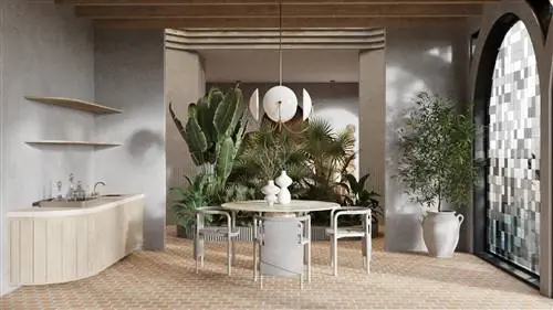 современная столовая с большими растениями