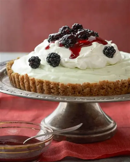 Тарт с лаймовым муссом в корочке кренделя и соусом из ежевики