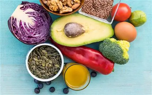 различные здоровые продукты, такие как орехи, ягоды и овощи на бледно-голубой поверхности