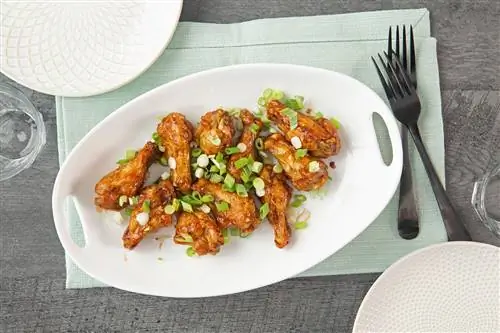 тарелка куриных крылышек с зеленым луком