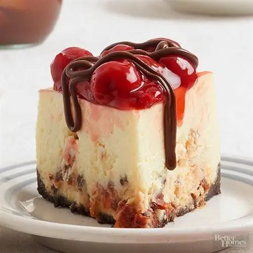 Кусок чизкейка с вишней и шоколадной глазурью сверху