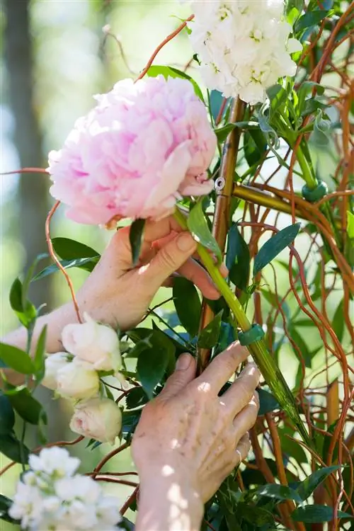 вставка пиона в наполненную водой цветочную трубку
