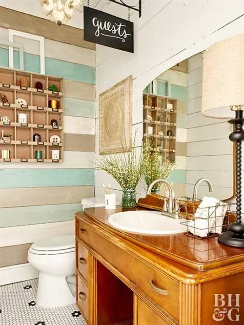 туалетный столик, деревянная стена, ванная комната, раковина